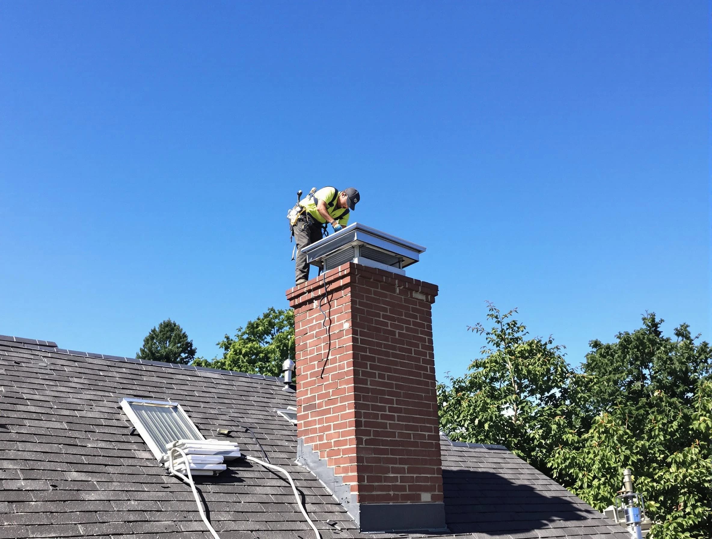 Clay Chimney Sweep technician measuring a chimney cap in Clay, AL