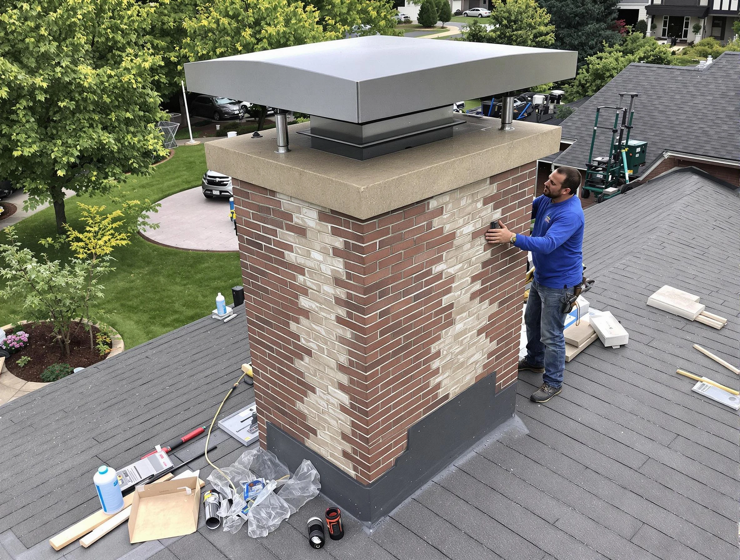 Clay Chimney Sweep team working on a custom chimney remodel in Clay, AL